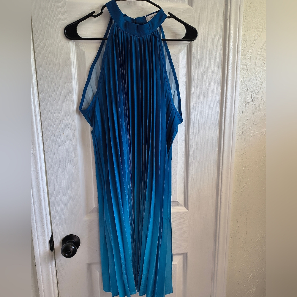 Blue Pleated Halter Dress